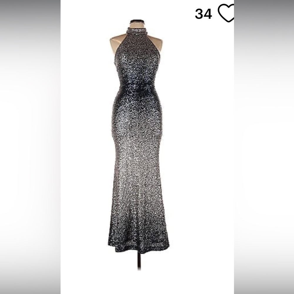 Betsy Adam Elegant Black and Silver Halter Gown